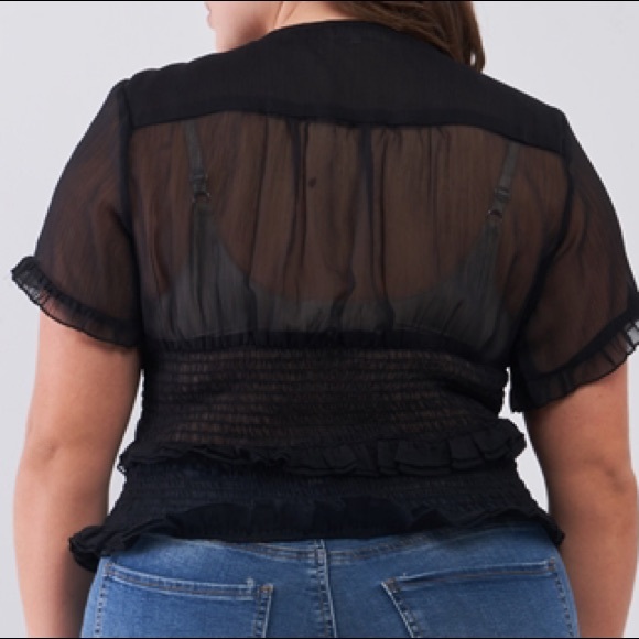 Junior plus black frill smock sheer top - Picture 3 of 4